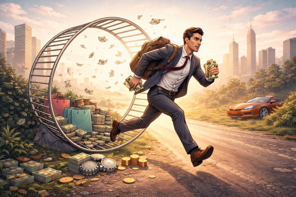 Aufnahme einer Person die aus dem Hamsterrad ausbricht und Konsumgüter hinter sich lässt – Symbolbild für bewussten Konsum, Sparen und Investieren, um die Lifestyle-Inflation zu besiegen.