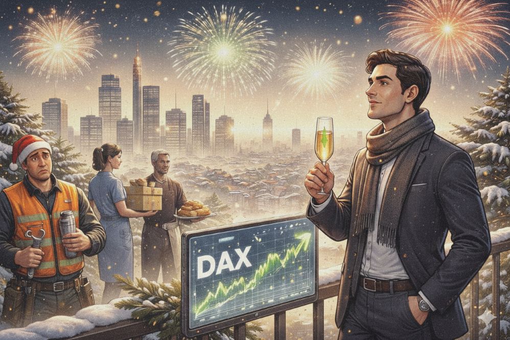 Symbolbild zum Jahreswechsel: Eine zufriedene Person mit Sektglas vor einer DAX-Tafel mit Allzeithoch. Im Hintergrund Skyline, Neujahrsfeuerwerk und Passanten mit schlechter Stimmung – Illustration der Diskrepanz zwischen Alltagskrise und Börsenrallye.