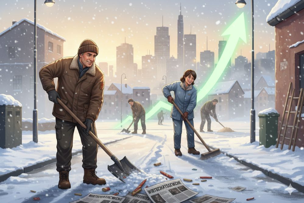 Aufnahme von Passanten, die in einer verschneiten Stadt Schnee schieben. Im Hintergrund ist ein grüner Pfeil-Graph zu sehen, der nach oben zeigt. Symbolbild für positives Mindset zum Jahreswechsel. Fokus auf die Beobachtung von Fleiß und Pflichtbewusstsein im Alltag als Gegenentwurf zur medialen Krisenstimmung.