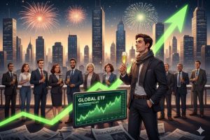 Aufnahme einer zufriedenen Person mit Sektglas vor einer „GLOBAL-ETF-Tafel“ mit Allzeithoch. Im Hintergrund weitere Personen, Skyline und Neujahrsfeuerwerk; unter der Tafel liegen Zeitungen mit Krisenmeldungen – Symbolbild der Weltwirtschaft als Erfolgsgeschichte und Nutzung von breit gestreuten ETFs, um Krisen gelassen zu überstehen.