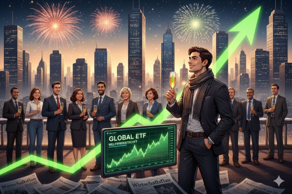 Aufnahme einer zufriedenen Person mit Sektglas vor einer „GLOBAL-ETF-Tafel“ mit Allzeithoch. Im Hintergrund weitere Personen, Skyline und Neujahrsfeuerwerk; unter der Tafel liegen Zeitungen mit Krisenmeldungen – Symbolbild der Weltwirtschaft als Erfolgsgeschichte und Nutzung von breit gestreuten ETFs, um Krisen gelassen zu überstehen.