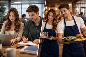 Aufnahme eines jungen Paares, das sowohl in seinem Bürojob als auch in seinem Nebenjob in der Gastronomie besondere Hingabe zeigt. Ein Symbolbild dafür, dass gute Arbeit und Hingabe im Beruf neue Chancen eröffnen.
