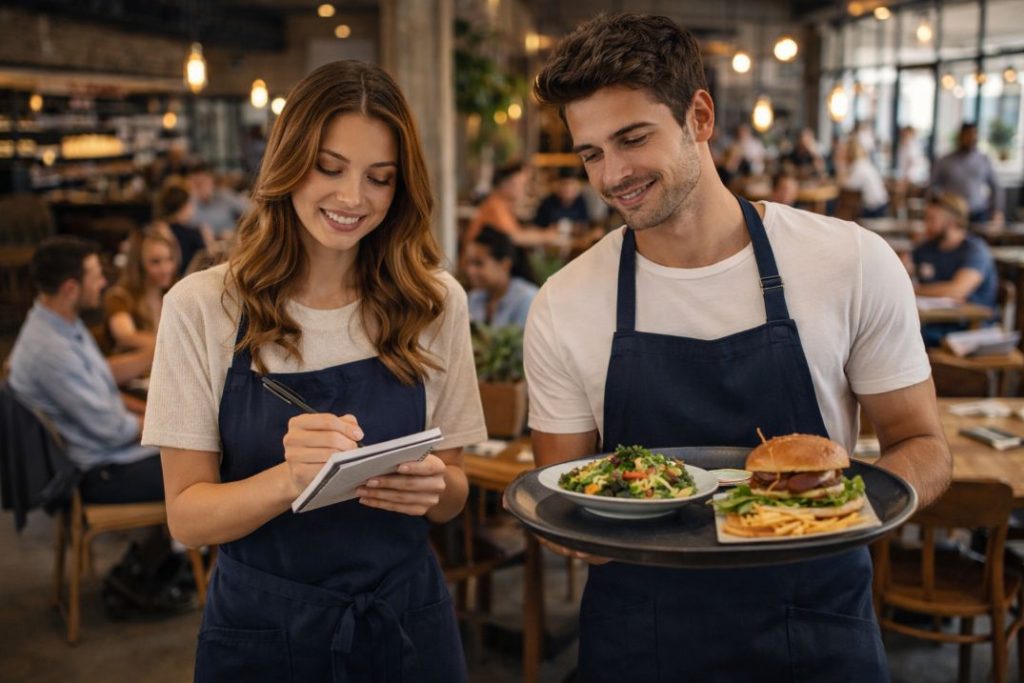 Aufnahme eines jungen Paares, das als Servicemitarbeiter in einem Restaurant arbeitet. Ein Symbolbild dafür, dass ein zweites Einkommen ein wichtiger Hebel für die finanzielle Freiheit ist.