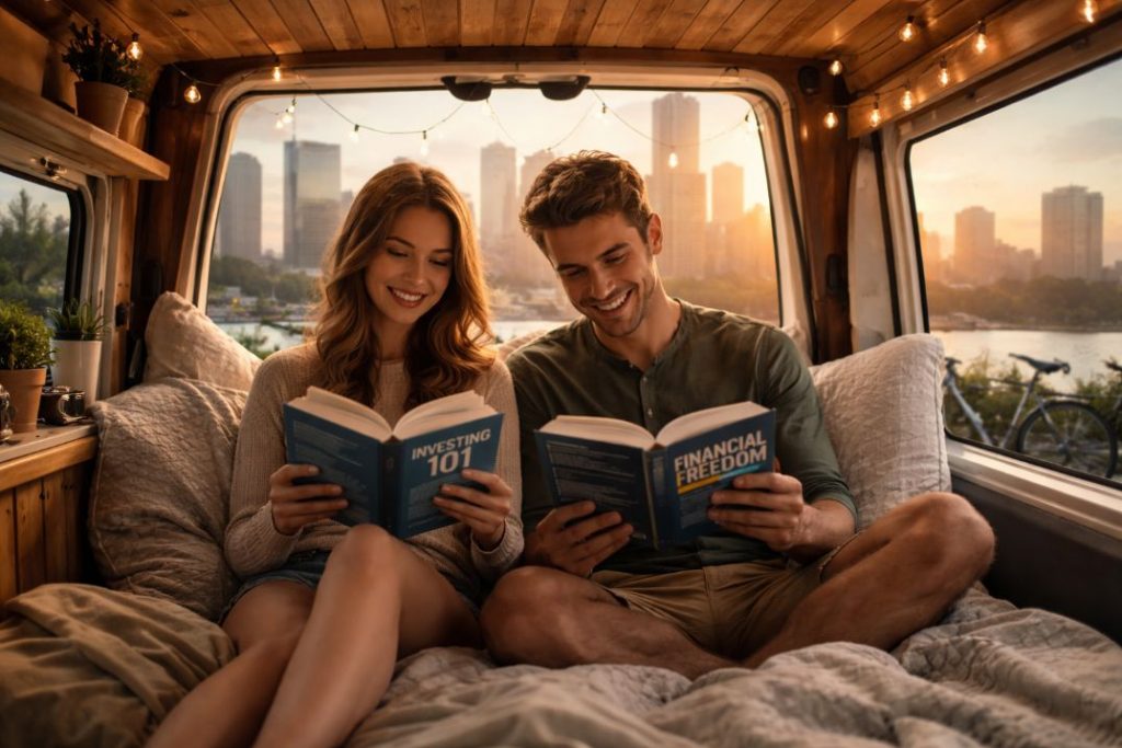 Aufnahme eines jungen Paares, das einen gemütlichen Abend im Camper verbringt, liest und sich mit der finanziellen Freiheit beschäftigt. Ein Symbolbild für den Frugalismus als Modell außerhalb des gesellschaftlichen Mainstreams.