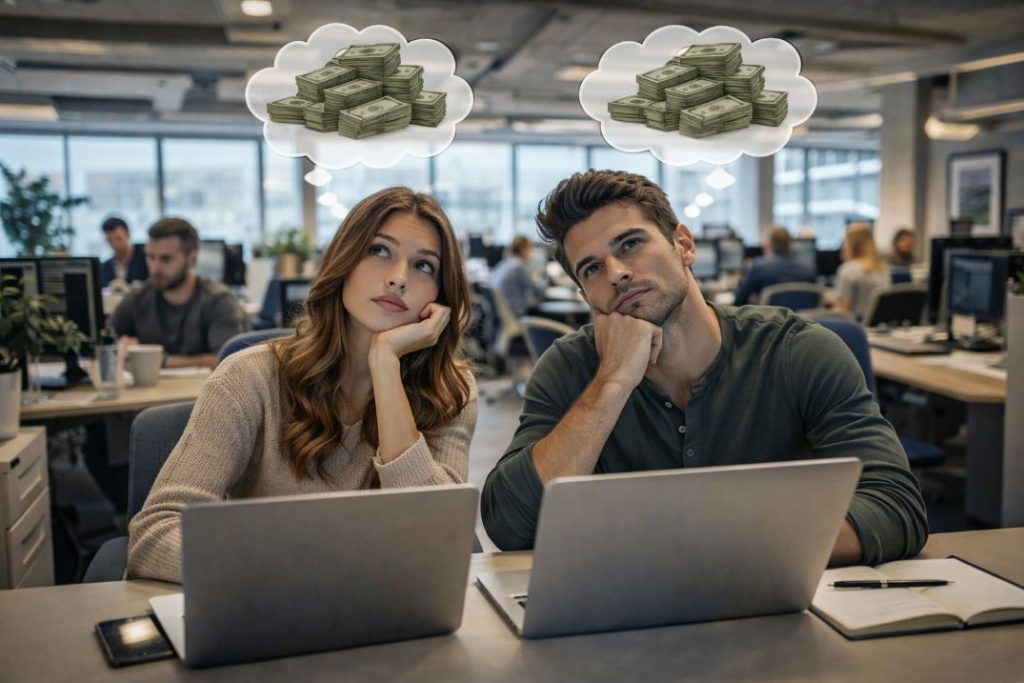 Aufnahme eines jungen Paares, das in einem Großraumbüro sitzt, mit Gedankenblasen über den Köpfen, in denen Geldscheine zu sehen sind. Ein Symbolbild für die Gedanken darüber, wie viel Kapital man für die finanzielle Freiheit braucht.