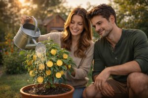Aufnahme eines jungen Paares, das in einem Garten vor einer Topfpflanze hockt und diese gießt. An dieser Pflanze wachsen goldene Münzen mit einem Dollarzeichen. Ein Symbolbild dafür, dass Geduld dein größtes Asset beim Depot-Wachstum ist.