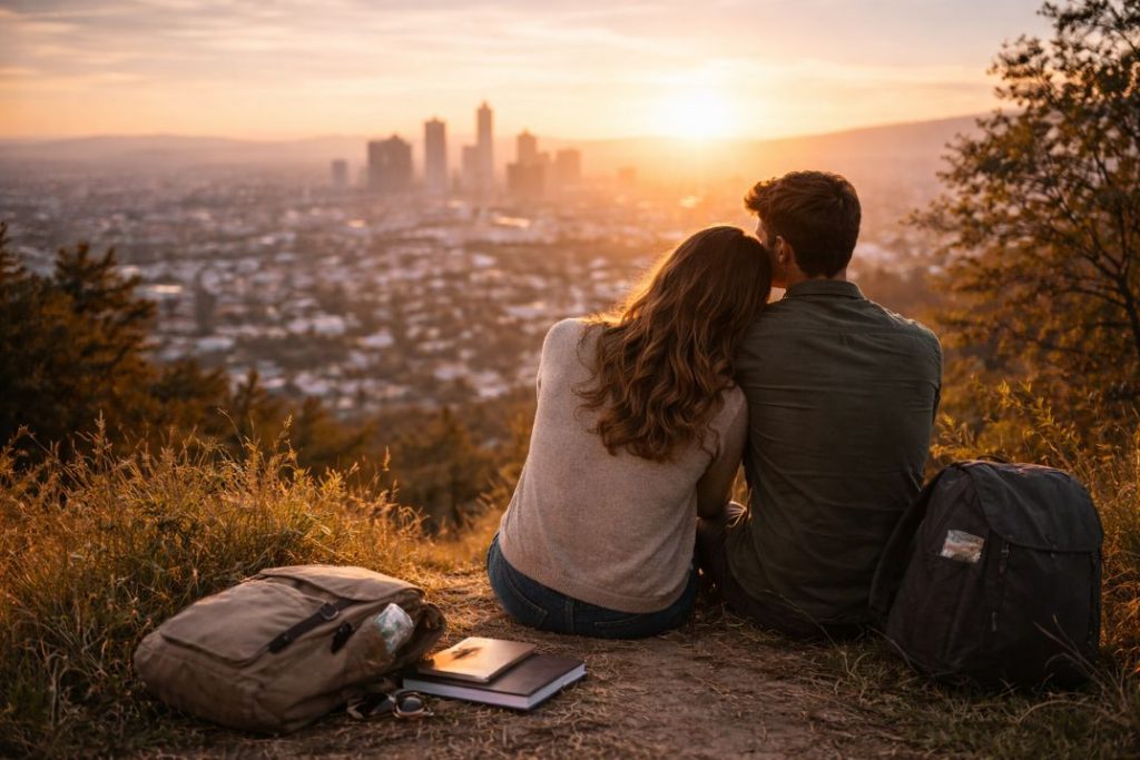 Aufnahme eines jungen Paares, das bei einem romantischen Sonnenuntergang auf einem Hügel sitzt und zufrieden über die Skyline einer Stadt schaut. Ein Symbolbild für die Erreichung der finanziellen Freiheit bereits in den 20ern.