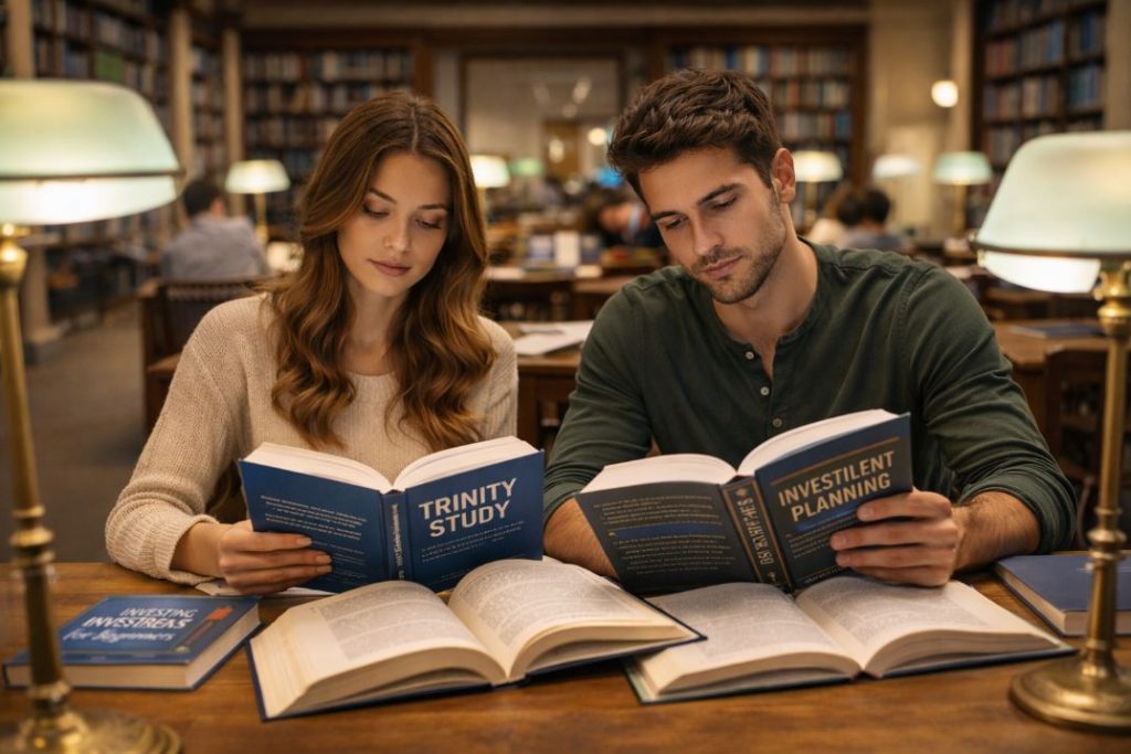 Aufnahme eines jungen Paares, das in einer Bibliothek sitzt und Bücher über das Investieren und die Trinity-Studie liest. Ein Symbolbild für das richtige Investieren und Entnahmestrategien.