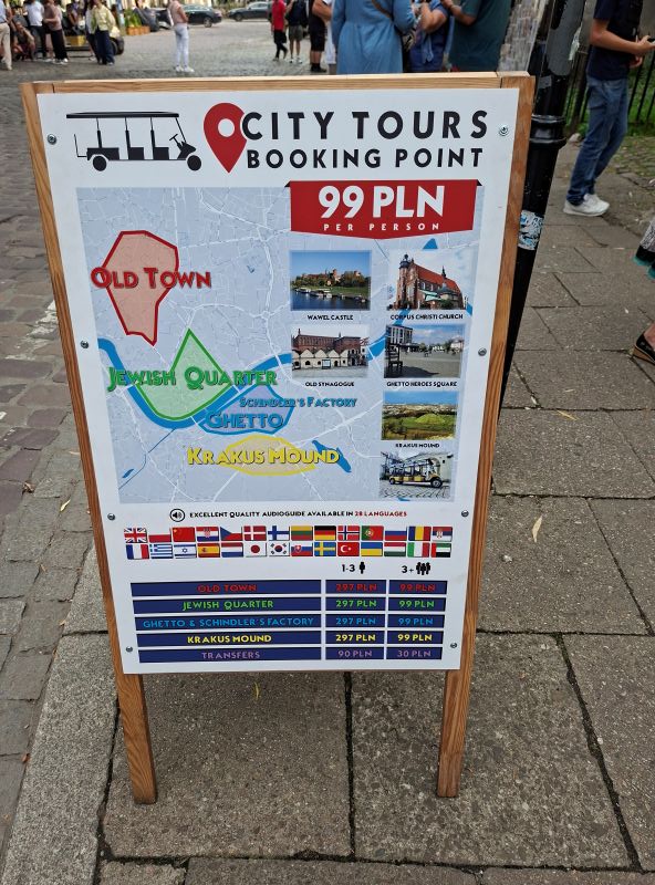 Aufsteller mit einer Übersichtskarte und Angeboten für Stadtrundfahrten zu Sehenswürdigkeiten in Krakau.