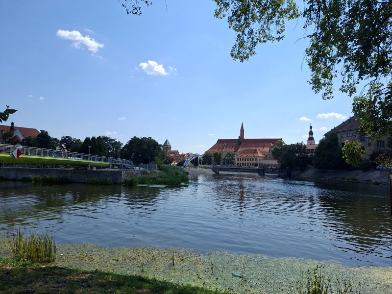Blick vom begrünten Oderufer auf eine moderne Fußgängerbrücke und die angrenzenden Flussläufe in Breslau.