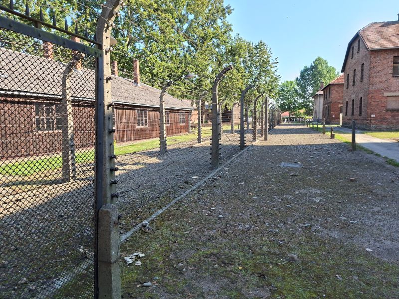 Stacheldrahtzaun mit Betonpfosten und Backsteinbaracken entlang des Geländes im Stammlager Auschwitz I.